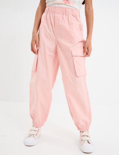 Pantalon parachute battle poches c&ocirc;t&eacute;s rose pastel fille