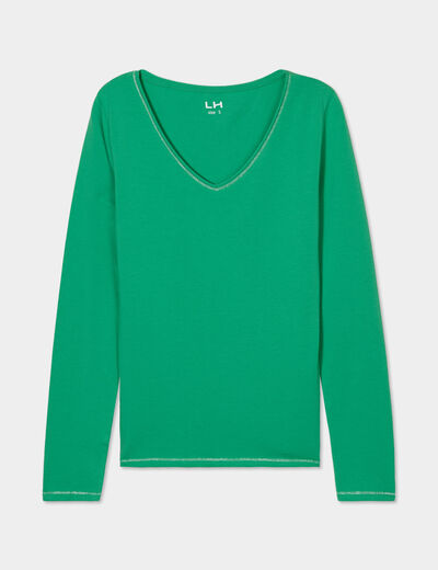 T-shirt manches longues col en V coton vert femme