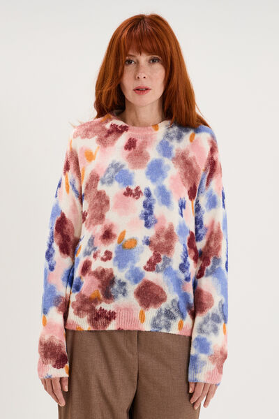 Pull col rond manches longues relax rose framboise femme