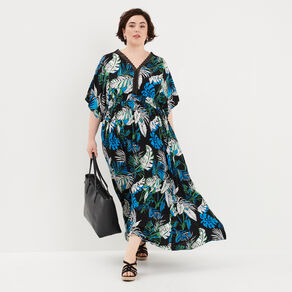 Robe longue droite fluide taille smockée noir femme grande taille