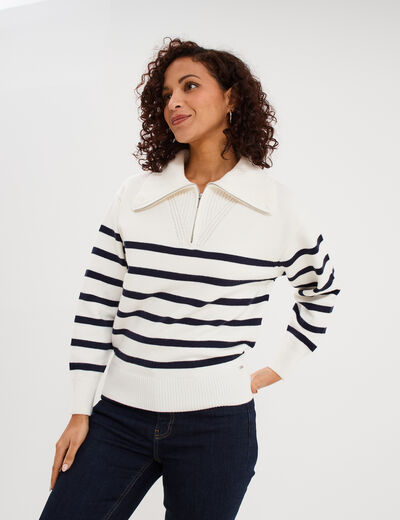 Pull col camionneur zipp&eacute; ecru femme