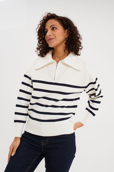 Pull col camionneur zipp&eacute; ecru femme