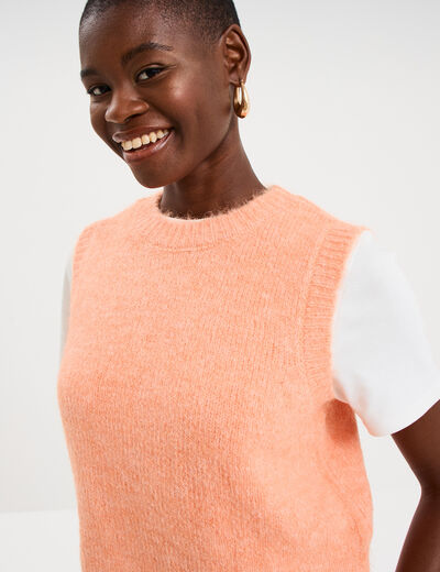 Pull sans manches col rond rose corail femme