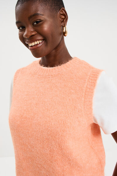Pull sans manches col rond rose corail femme