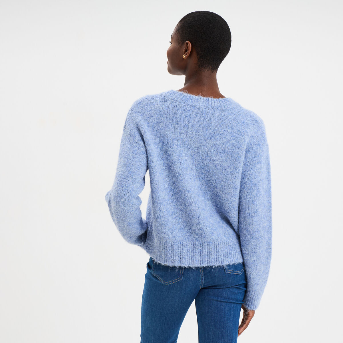 Pull col rond manches longues bleu ciel femme