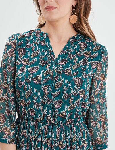 Robe évasée bas plissé manches 3/4 vert foncé femme