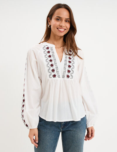 Blouse brod&eacute;e oversize coton blanc femme