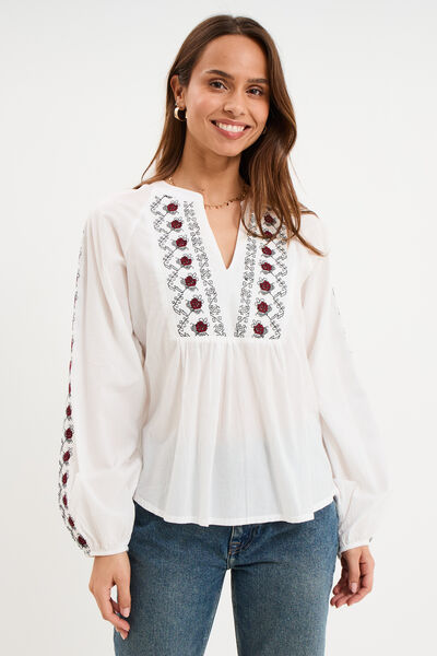 Blouse brod&eacute;e oversize coton blanc femme