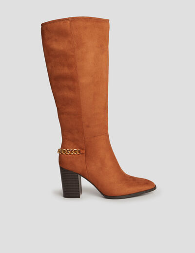 Bottes hautes détails chaînes à talons marron cognac femme