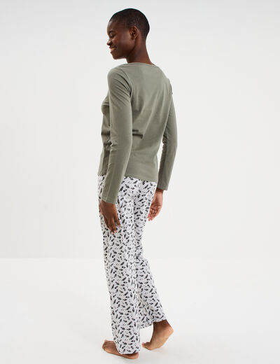 Ensemble pyjama t-shirt pantalon coton vert kaki femme