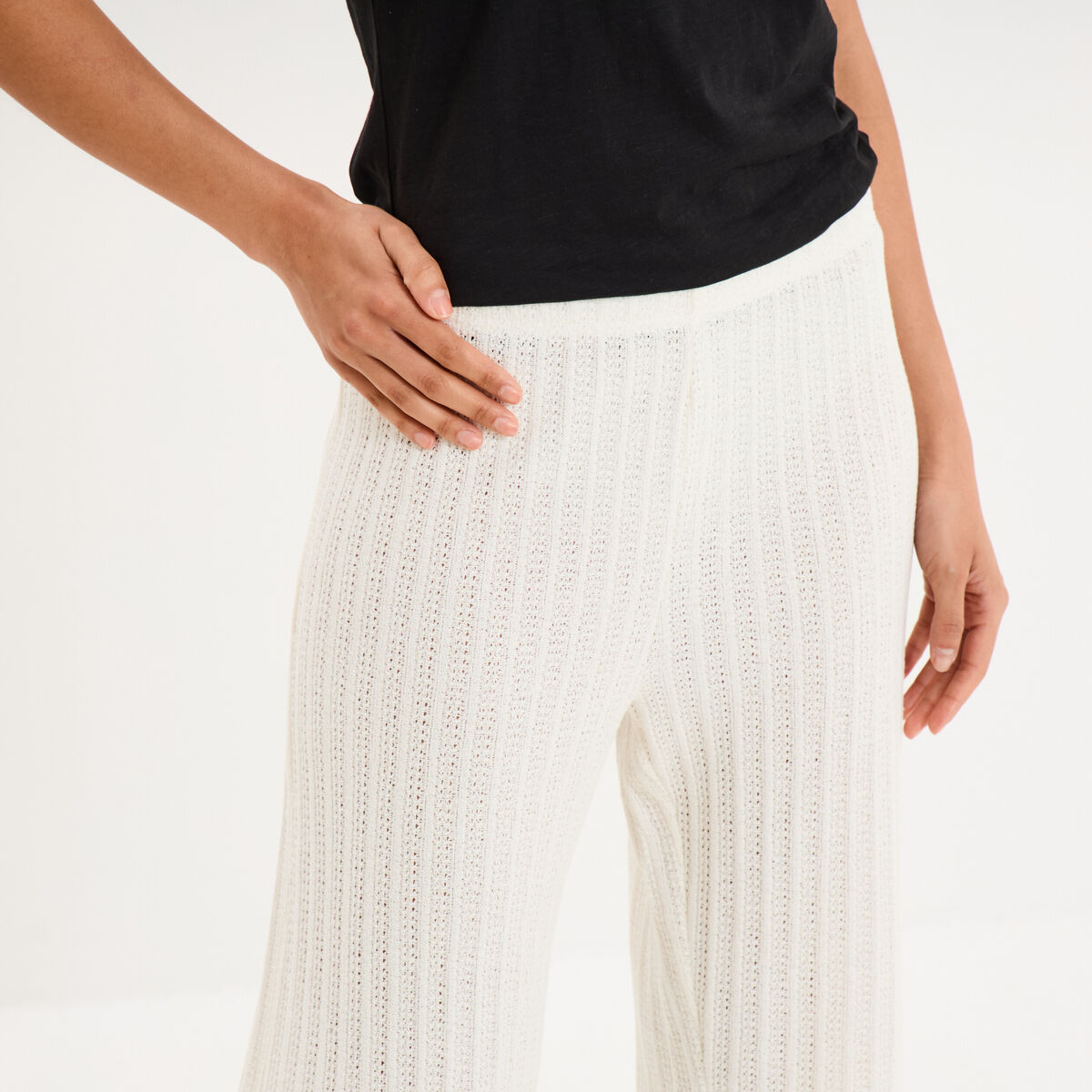 Pantalon large effet crochet &eacute;lastiqu&eacute; ecru femme