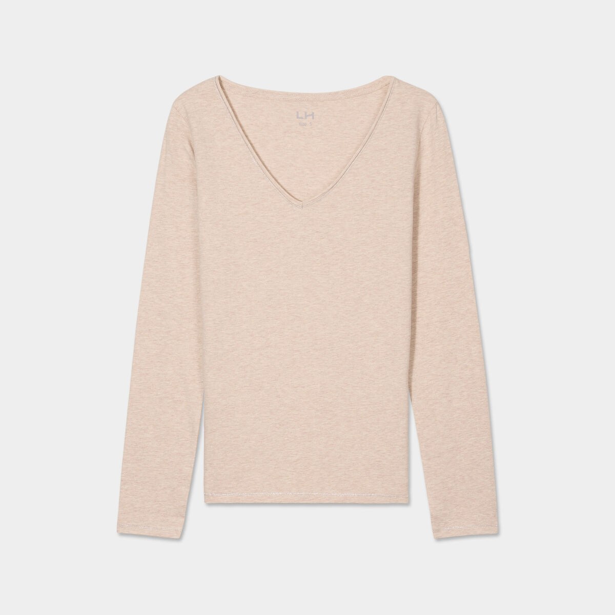 T-shirt manches longues col en V coton beige femme