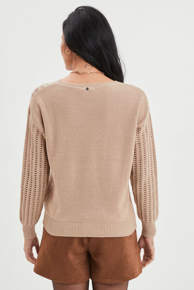 Pull ajouré col et manches Liberto beige femme