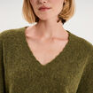 Pull col V ajour&eacute; manches longues vert olive femme