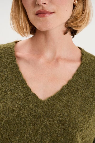 Pull col V ajour&eacute; manches longues vert olive femme