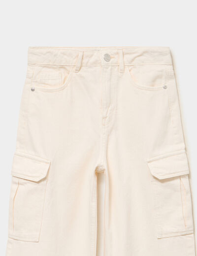 Pantalon large battle poches &agrave; rabat creme fille