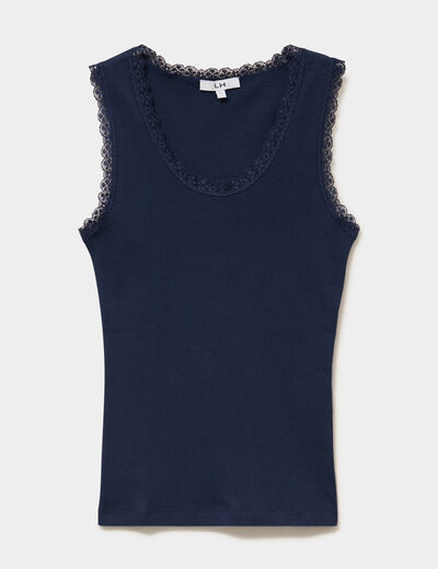 D&eacute;bardeur coton bords dentelle bleu marine femme
