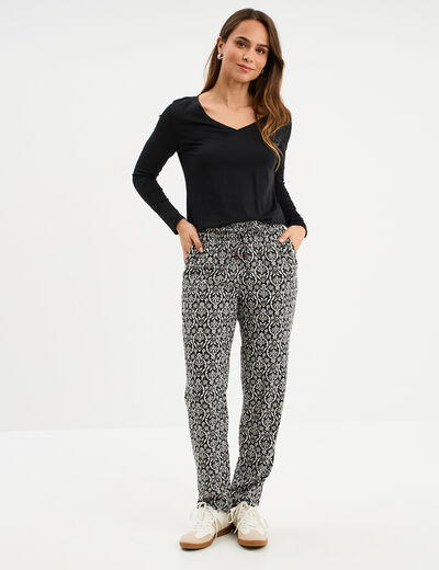 T-shirt col en V manches longues coton noir femme