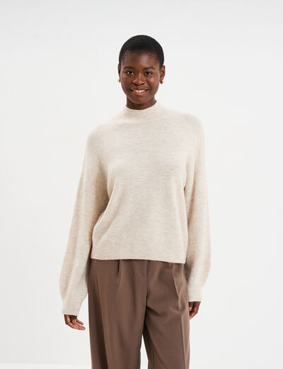 Pull manches bouffantes col montant ecru femme