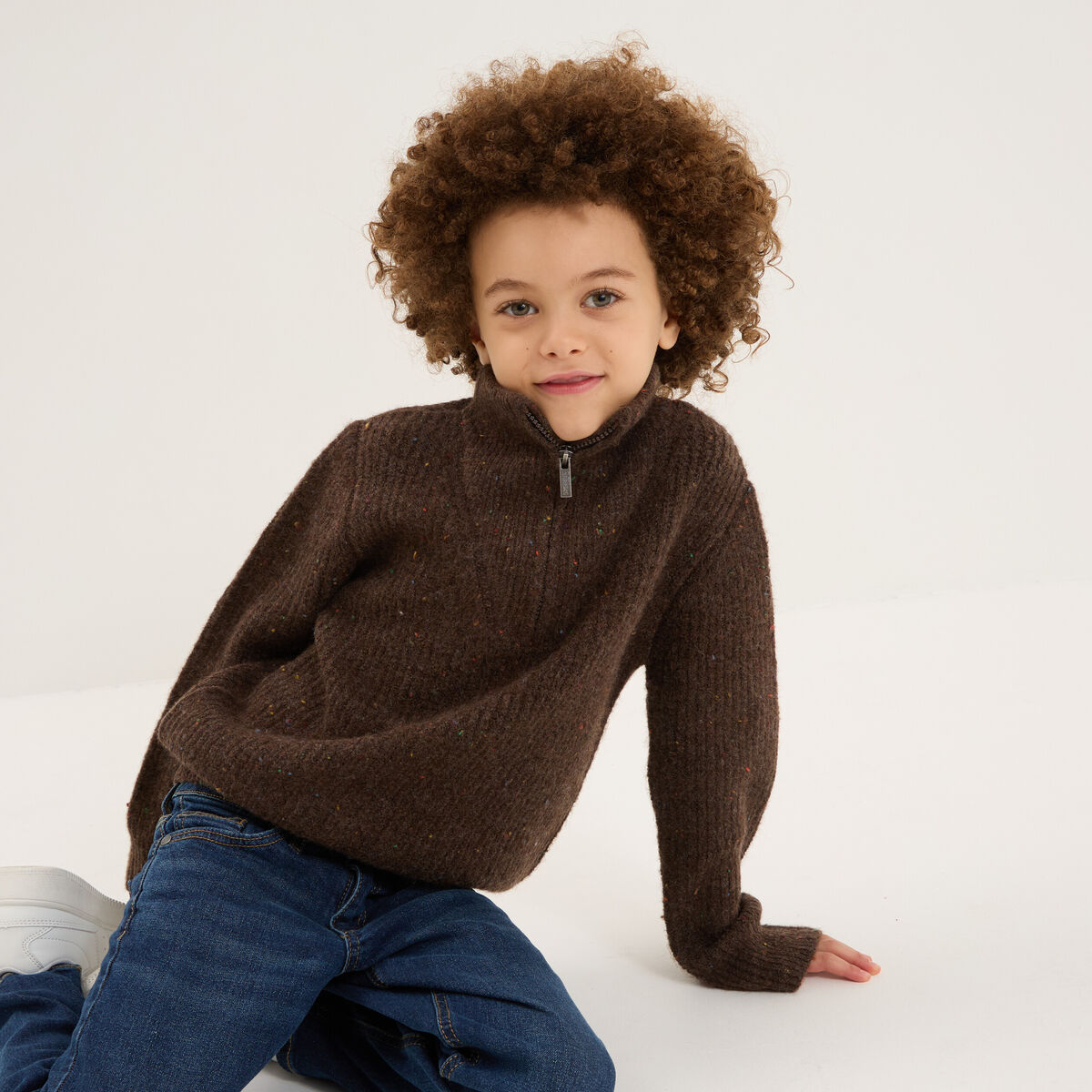 Pull camionneur col zipp&eacute; marron gar&ccedil;on