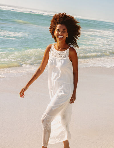 Robe longue bretelles nou&eacute;es coton blanc femme