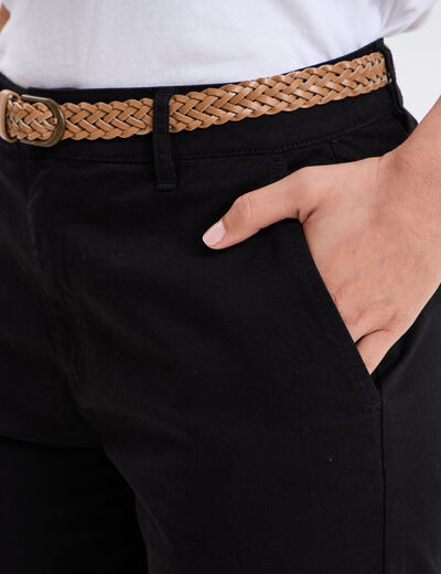 Pantalon chino 7/8ème ceinture tressée noir femme