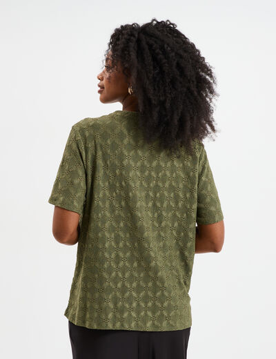 T-shirt broderie anglaise col tunisien vert kaki femme