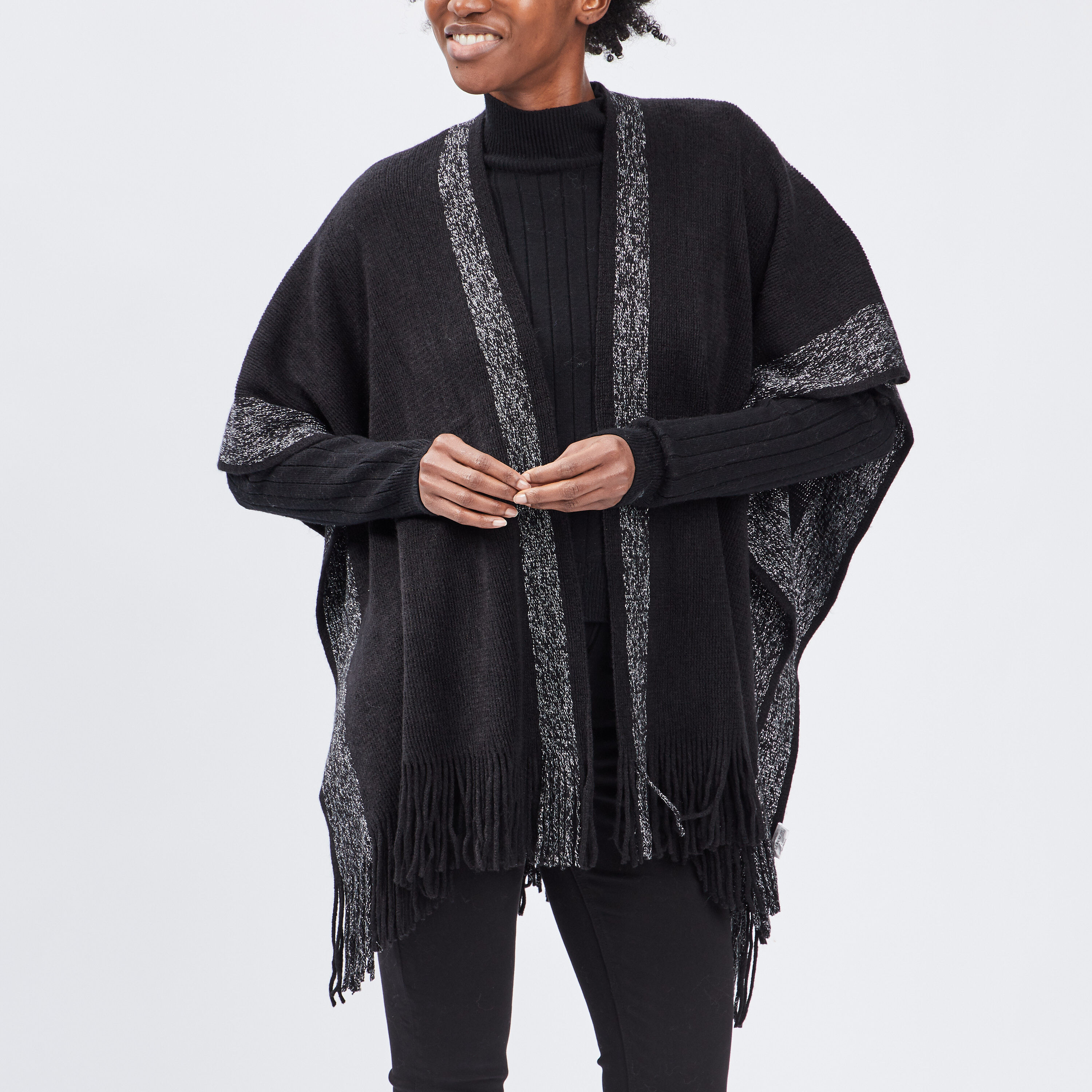 Poncho avec bandes métallisées noir femme LH
