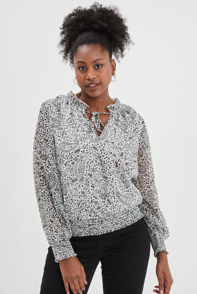 Blouse manches longues col montant ecru femme