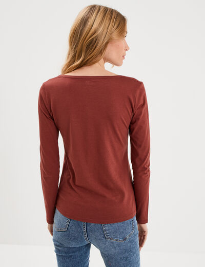 T-shirt coton col rond manches longues marron cognac femme