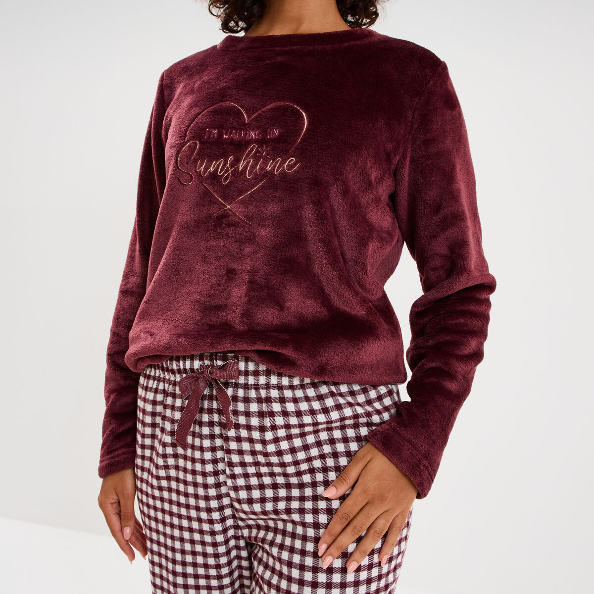 Ensemble pyjama effet polaire 3 pi&egrave;ces bordeaux femme