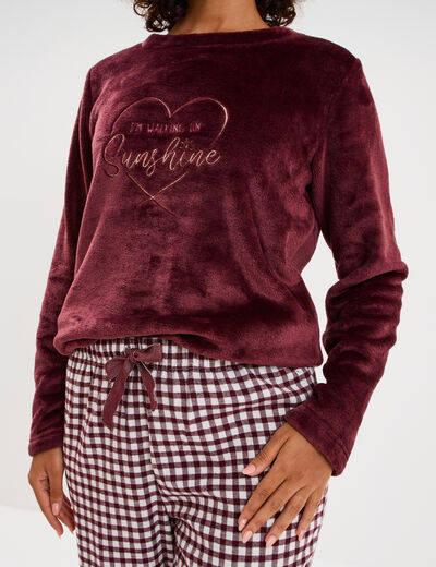 Ensemble pyjama effet polaire 3 pi&egrave;ces bordeaux femme