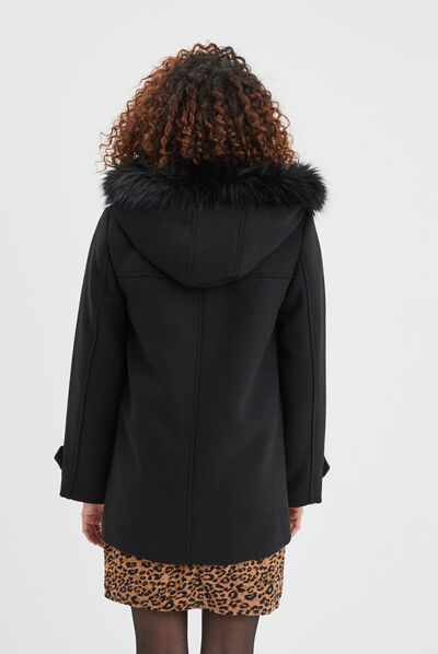 Manteau zippé à capuche fausse fourrure noir femme
