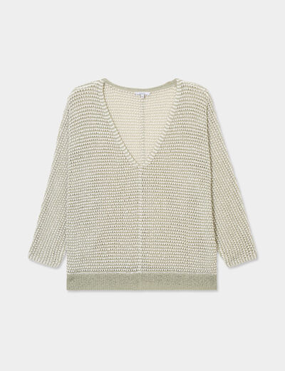 Pull col en V ajouré ecru femme grande taille