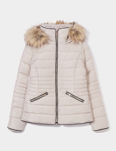 Doudoune courte cintrée à capuche beige femme