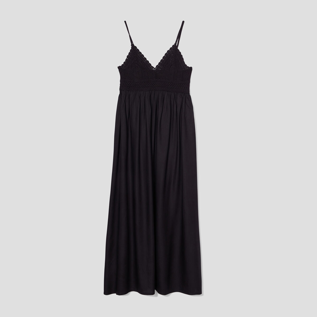 Robe longue évasée buste macramé noir femme