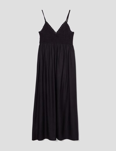 Robe longue évasée buste macramé noir femme