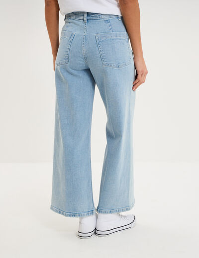 Jean large cropped poches plaqu&eacute;es coton denim triple stone femme