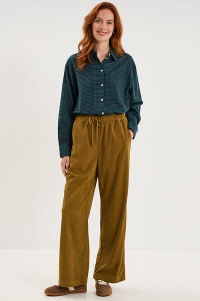 Pantalon large effet velours c&ocirc;tel&eacute; vert kaki femme