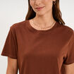 T-shirt col rond manches courtes coton marron fonc&eacute; femme