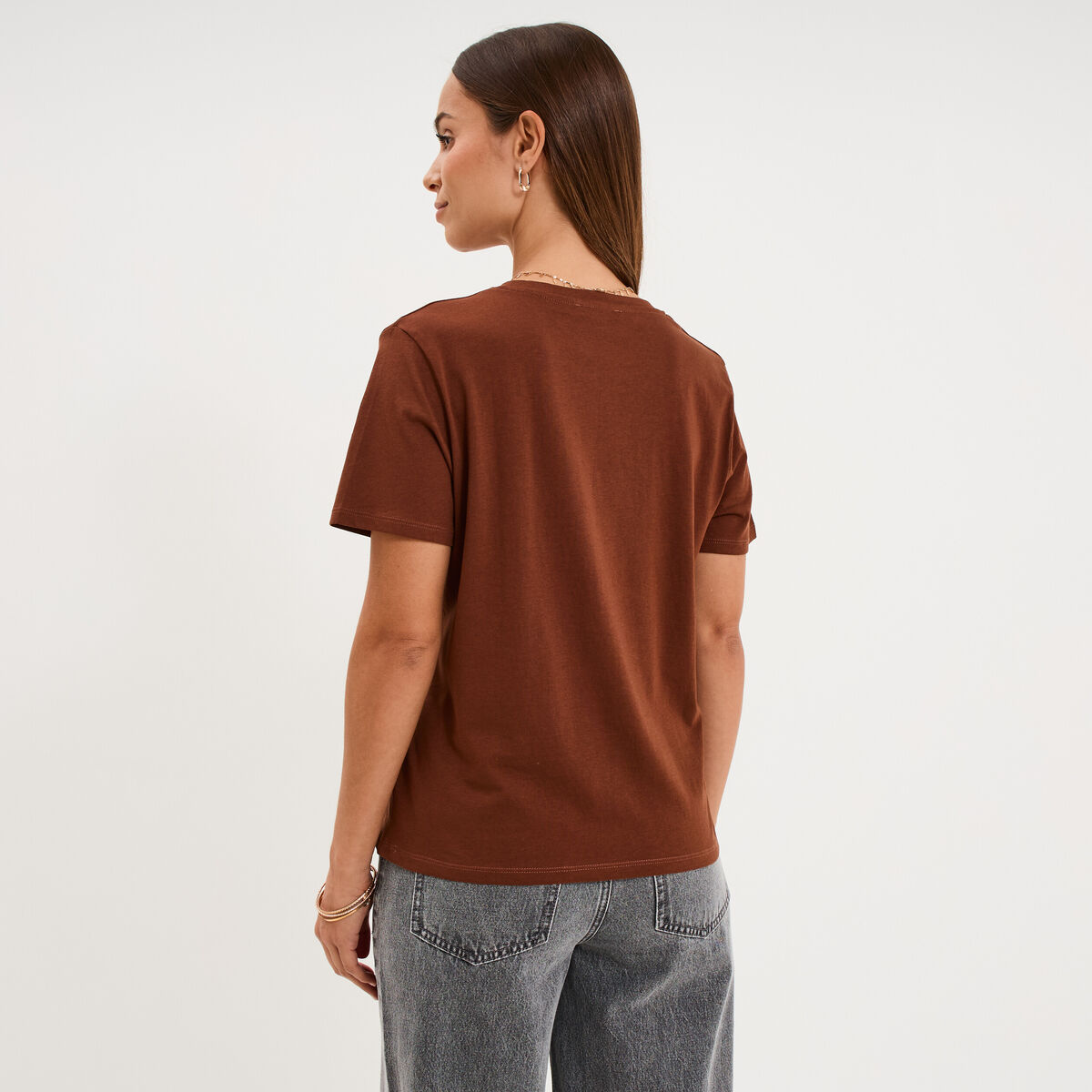 T-shirt col rond manches courtes coton marron fonc&eacute; femme