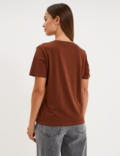 T-shirt col rond manches courtes coton marron fonc&eacute; femme