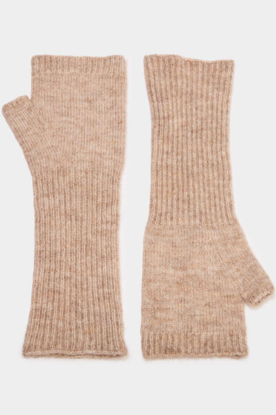 Mitaines longues en maille c&ocirc;tel&eacute;e beige femme