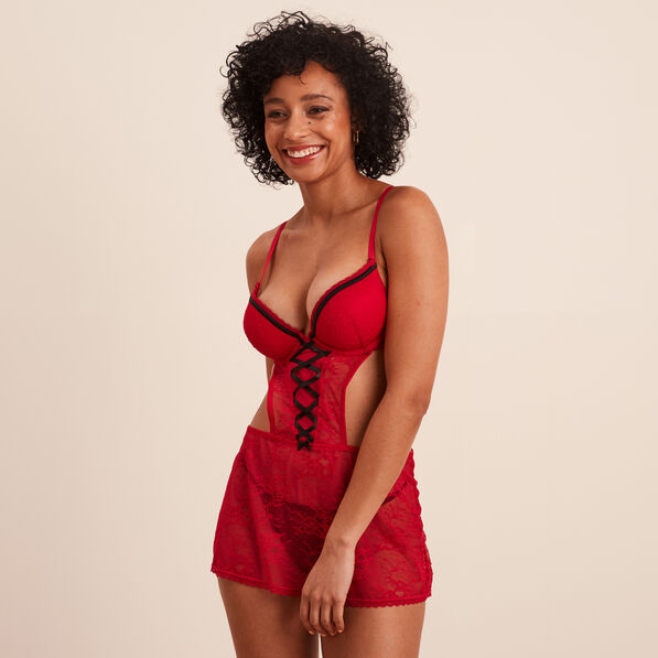 Combinette avec laçage en dentelle rouge femme