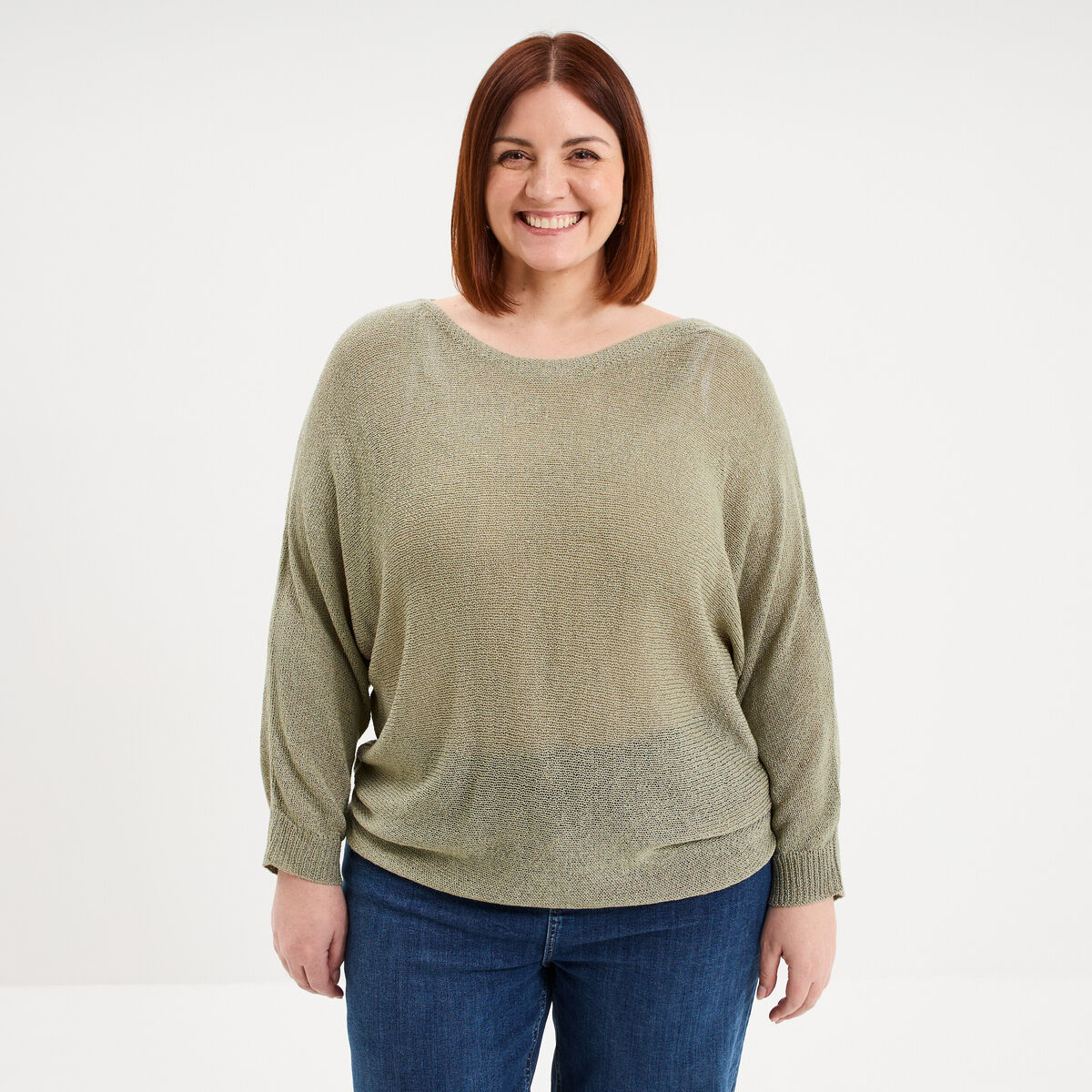 Pull manches longues col rond vert kaki femme grande taille