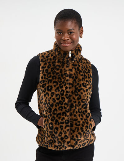 Veste fausse fourrure sans manches camel femme