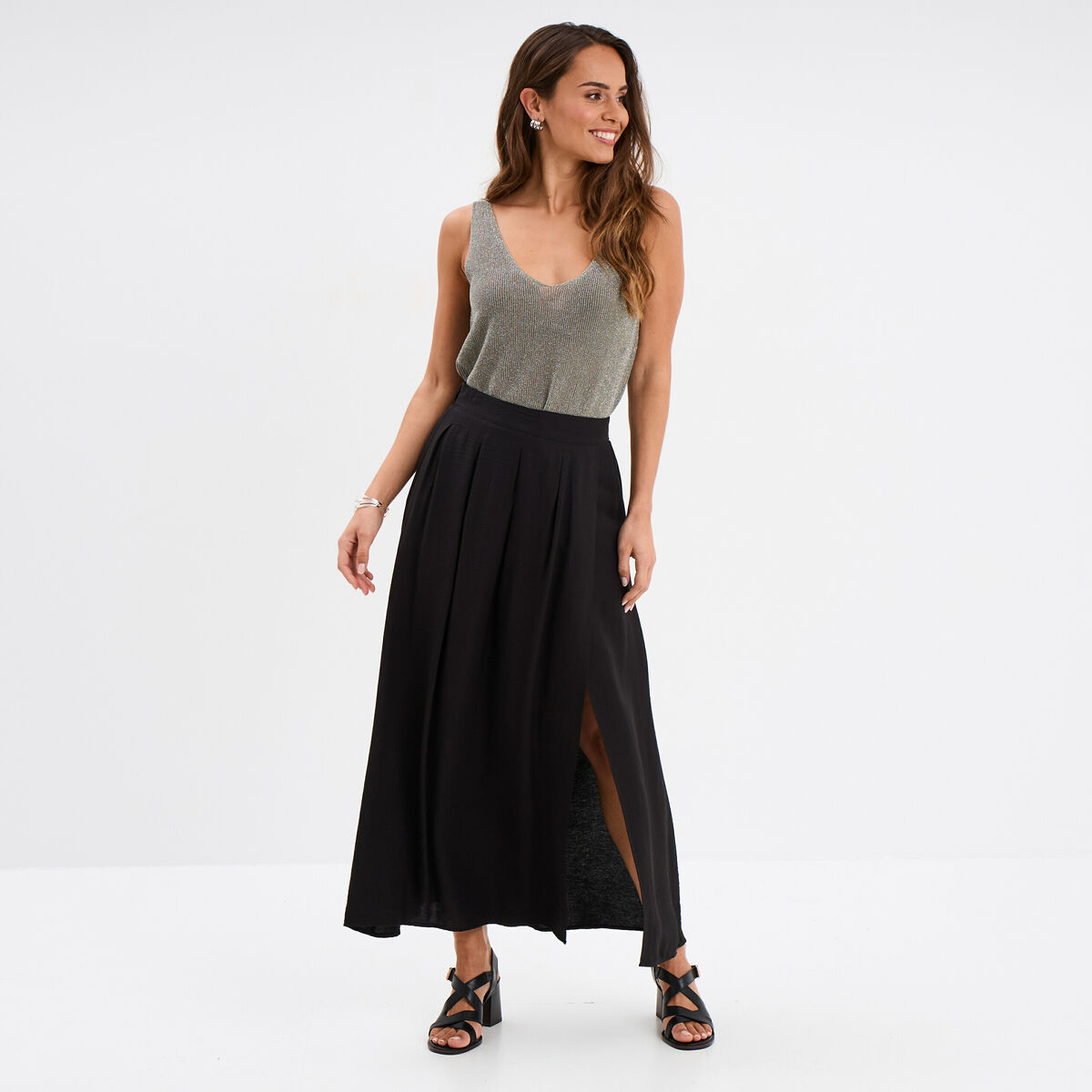 Jupe longue fendue évasée plis creux noir femme