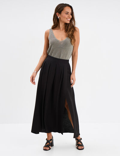 Jupe longue fendue évasée plis creux noir femme