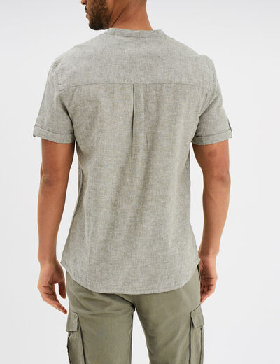 Chemise col mao lin mélangé vert kaki homme