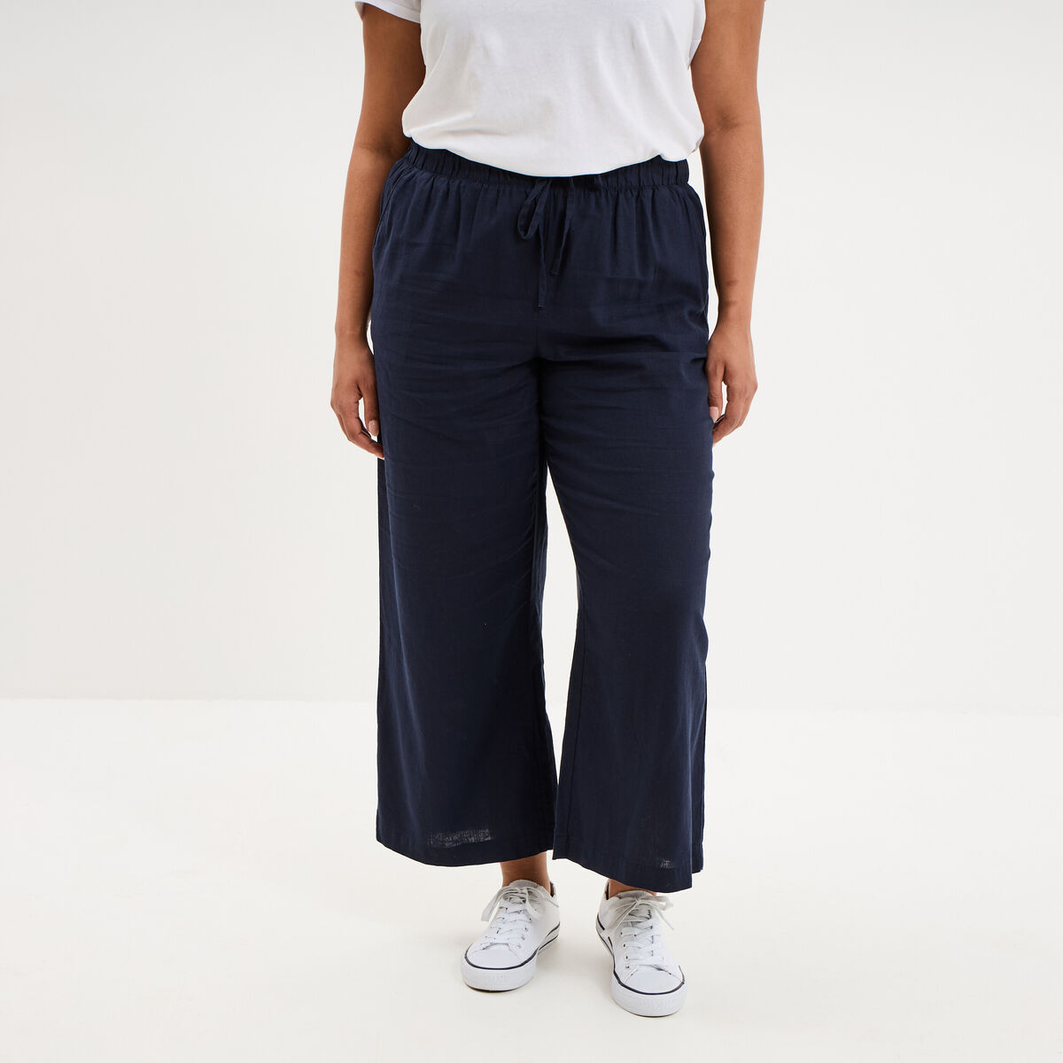 Pantalon large cropped lin m&eacute;lang&eacute; bleu fonc&eacute; femme grande taille